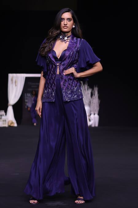 Buy_Sejal Kamdar_Blue Maheshwari, Silk, Crepe Ajrakh Embellished Jacket And Flared Pant Set 
