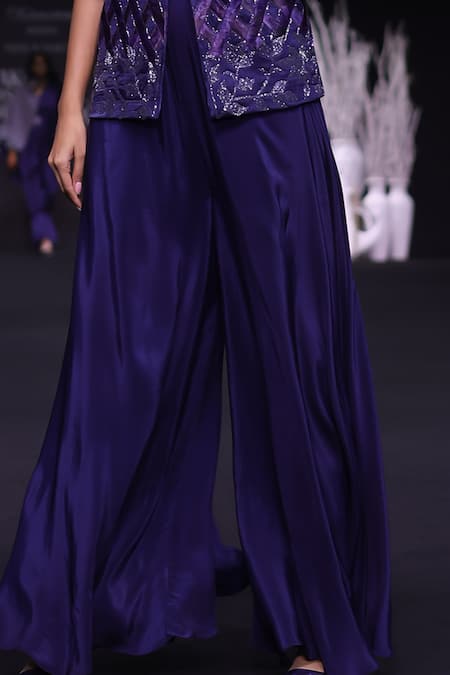 Shop_Sejal Kamdar_Blue Maheshwari, Silk, Crepe Ajrakh Embellished Jacket And Flared Pant Set 