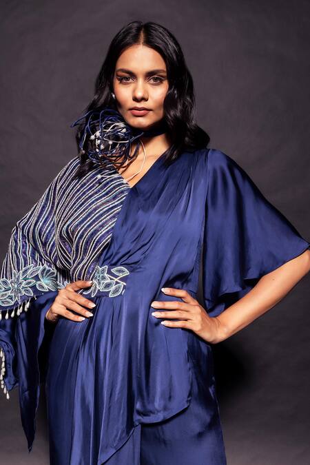 Sejal Kamdar Blue German Satin Embellished Ajrakh V Neck Embroidered Flap Jumpsuit Online at Aza Fashions Sejal Kamdar_Blue German Satin Embellished Ajrakh V Neck Embroidered Flap Jumpsuit _Online_at_Aza_Fashions