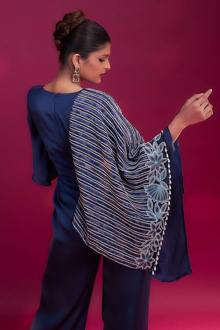 Buy Sejal Kamdar Blue German Satin Embellished Ajrakh V Neck Embroidered Flap Jumpsuit Online at Aza Fashions Buy_Sejal Kamdar_Blue German Satin Embellished Ajrakh V Neck Embroidered Flap Jumpsuit _Online_at_Aza_Fashions