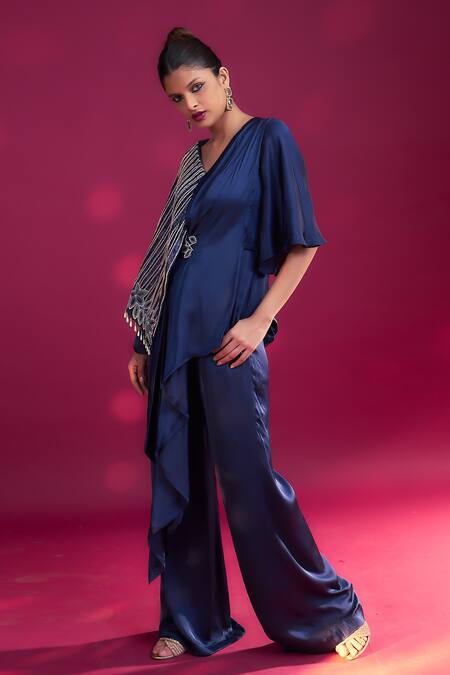 Shop Sejal Kamdar Blue German Satin Embellished Ajrakh V Neck Embroidered Flap Jumpsuit Online at Aza Fashions Shop_Sejal Kamdar_Blue German Satin Embellished Ajrakh V Neck Embroidered Flap Jumpsuit _Online_at_Aza_Fashions