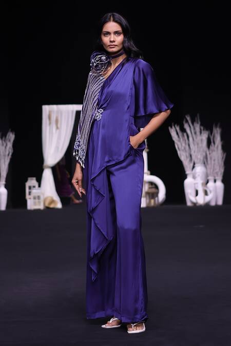 Sejal Kamdar_Blue German Satin Embellished Ajrakh V Neck Embroidered Flap Jumpsuit _at_Aza_Fashions