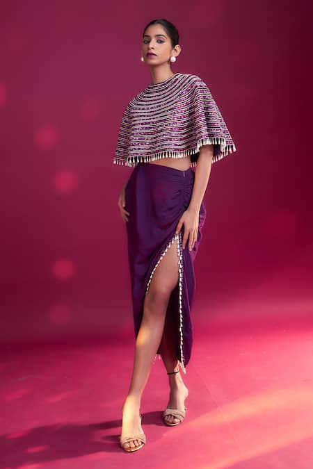 Sejal Kamdar Ajrakh Embroidered Capelet & Draped Skirt Set 