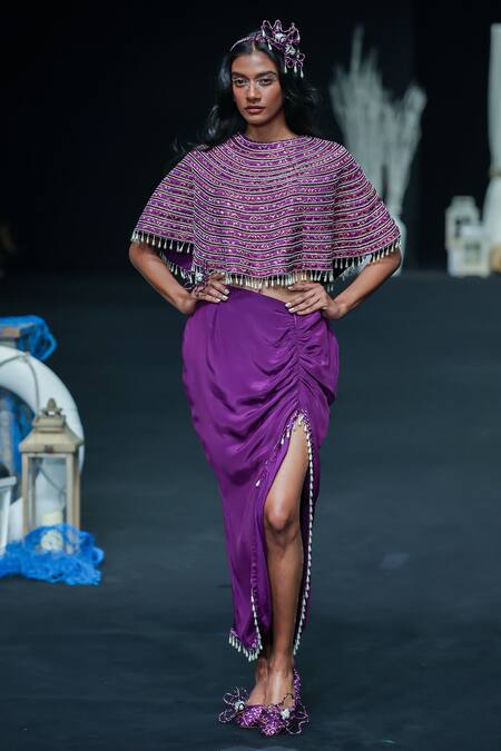 Sejal Kamdar_Purple Maheshwari, Silk Beads, Cut Ajrakh Embroidered Capelet And Draped Skirt Set _Online_at_Aza_Fashions