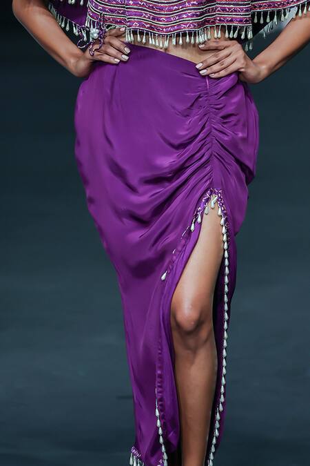Buy_Sejal Kamdar_Purple Maheshwari, Silk Beads, Cut Ajrakh Embroidered Capelet And Draped Skirt Set _Online_at_Aza_Fashions