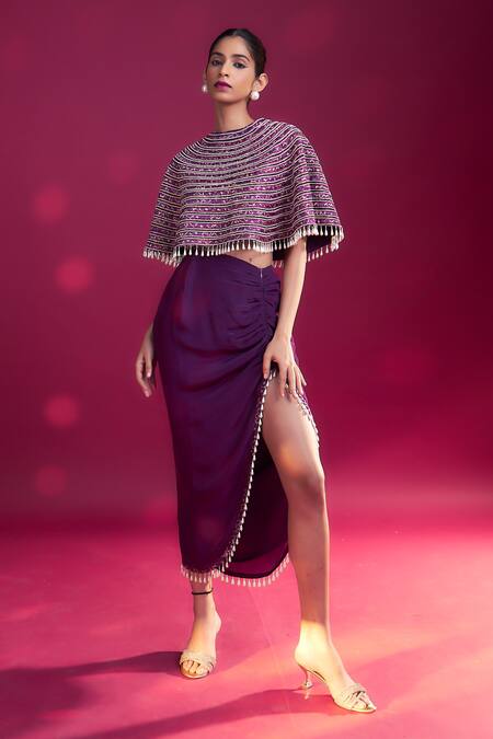 Shop_Sejal Kamdar_Purple Maheshwari, Silk Beads, Cut Ajrakh Embroidered Capelet And Draped Skirt Set _Online_at_Aza_Fashions
