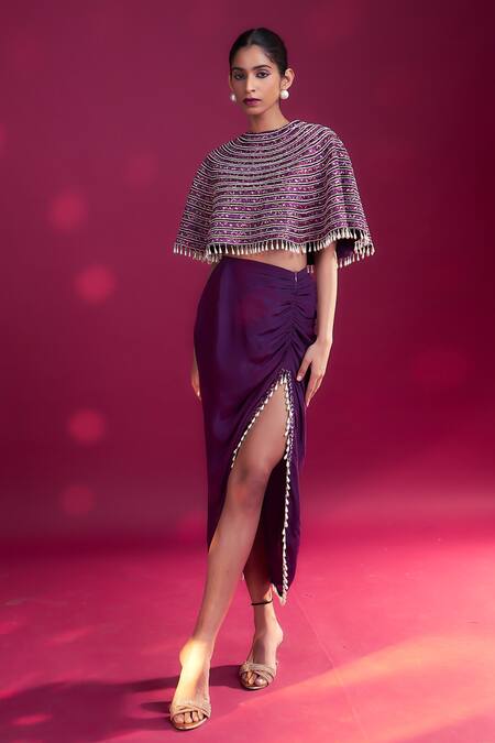 Sejal Kamdar_Purple Maheshwari, Silk Beads, Cut Ajrakh Embroidered Capelet And Draped Skirt Set _at_Aza_Fashions
