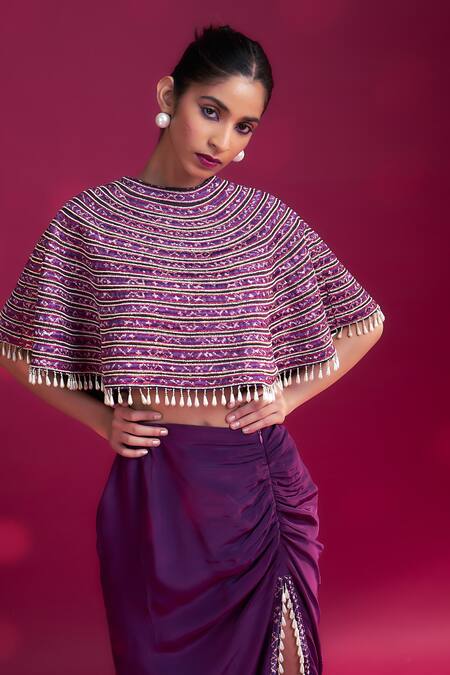 Buy_Sejal Kamdar_Purple Maheshwari, Silk Beads, Cut Ajrakh Embroidered Capelet And Draped Skirt Set 