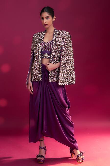 Buy_Sejal Kamdar_Purple Maheshwari, Crepe, Silk Sequins, Ajrakh Cape Jacket And Draped Skirt Set _Online_at_Aza_Fashions