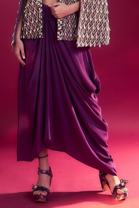 Shop_Sejal Kamdar_Purple Maheshwari, Crepe, Silk Sequins, Ajrakh Cape Jacket And Draped Skirt Set _Online_at_Aza_Fashions