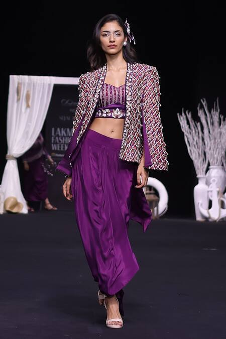 Sejal Kamdar_Purple Maheshwari, Crepe, Silk Sequins, Ajrakh Cape Jacket And Draped Skirt Set _at_Aza_Fashions