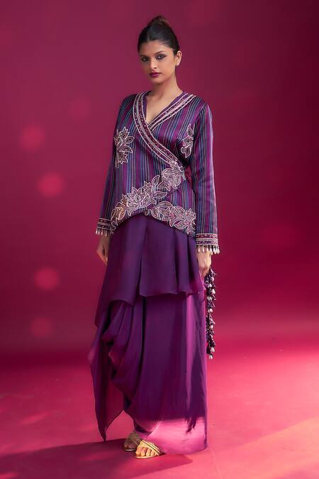 Buy_Sejal Kamdar_Purple Organza, Silk Tassels, Embroidered Angarkha Jacket And Dhoti Skirt Set _Online_at_Aza_Fashions
