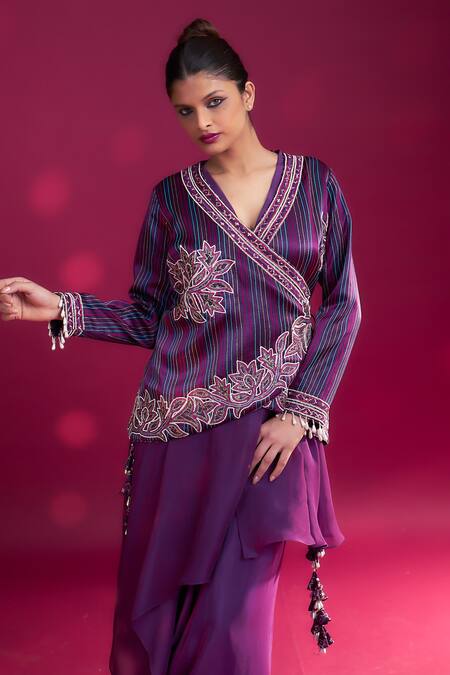 Shop_Sejal Kamdar_Purple Organza, Silk Tassels, Embroidered Angarkha Jacket And Dhoti Skirt Set _Online_at_Aza_Fashions