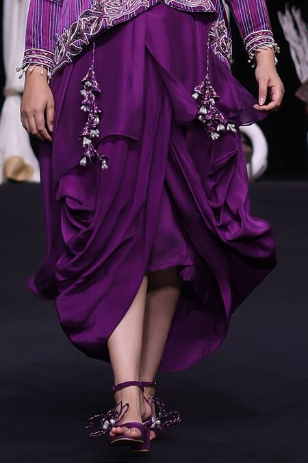 Sejal Kamdar_Purple Organza, Silk Tassels, Embroidered Angarkha Jacket And Dhoti Skirt Set _at_Aza_Fashions