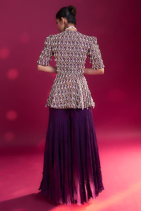 Sejal Kamdar Ajrakh Embroidered Peplum Top & Sharara Set 