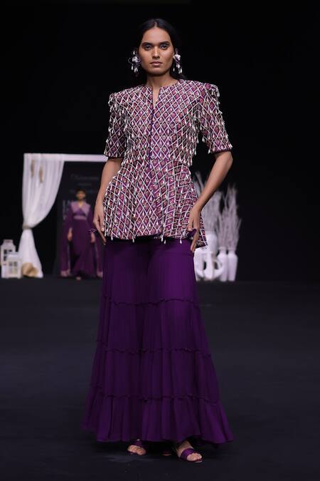 Shop_Sejal Kamdar_Purple Georgette Sequins, Beads, Cut Ajrakh Embroidered Peplum Top And Sharara Set _Online_at_Aza_Fashions