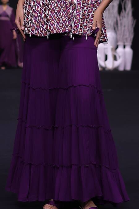 Buy_Sejal Kamdar_Purple Georgette Sequins, Beads, Cut Ajrakh Embroidered Peplum Top And Sharara Set 