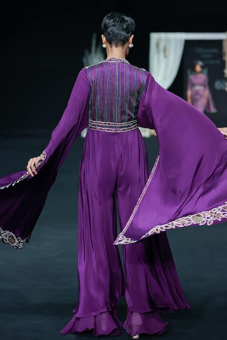 Sejal Kamdar Cascading Cape Sleeve Embroidered Jumpsuit 