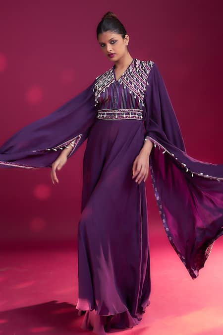 Sejal Kamdar_Purple Natural Crepe Embroidered Cut-pipe V Neck Cascading Cape Sleeve Jumpsuit _Online_at_Aza_Fashions