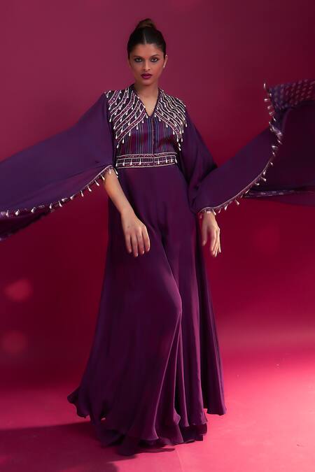 Buy_Sejal Kamdar_Purple Natural Crepe Embroidered Cut-pipe V Neck Cascading Cape Sleeve Jumpsuit _Online_at_Aza_Fashions
