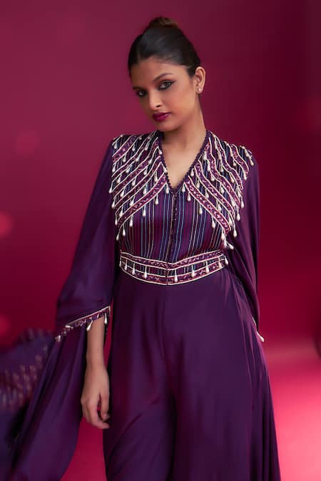 Shop_Sejal Kamdar_Purple Natural Crepe Embroidered Cut-pipe V Neck Cascading Cape Sleeve Jumpsuit _Online_at_Aza_Fashions
