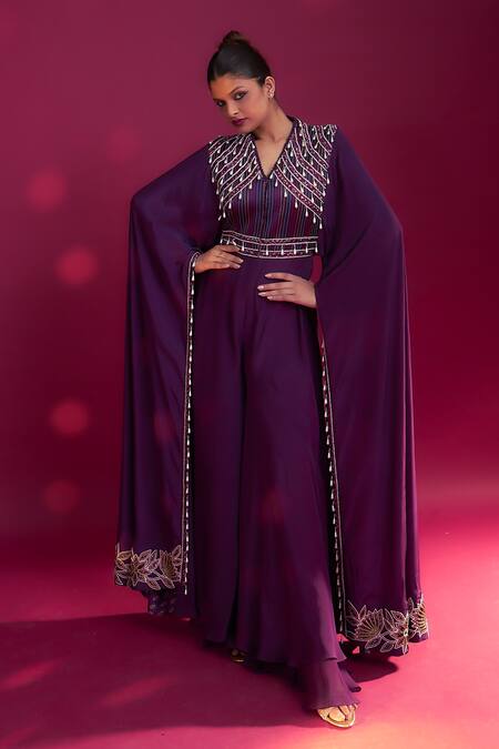 Sejal Kamdar_Purple Natural Crepe Embroidered Cut-pipe V Neck Cascading Cape Sleeve Jumpsuit _at_Aza_Fashions