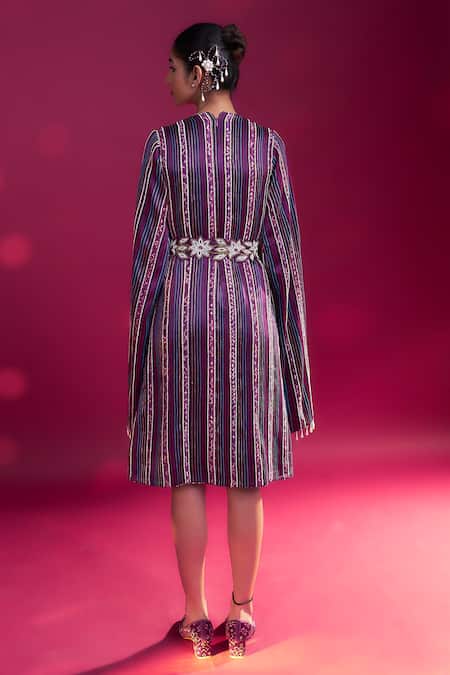 Sejal Kamdar Cape Sleeve Embroidered Dress With Belt 