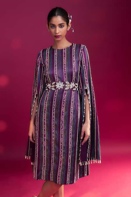 Sejal Kamdar_Purple Mashru Silk Embroidered Cut-pipe V Neck Cape Sleeve Dress With Belt _Online_at_Aza_Fashions