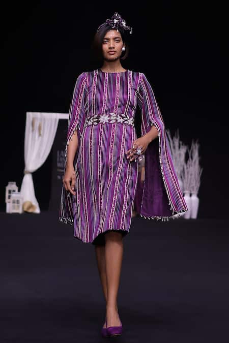 Shop_Sejal Kamdar_Purple Mashru Silk Embroidered Cut-pipe V Neck Cape Sleeve Dress With Belt _Online_at_Aza_Fashions