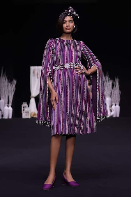 Sejal Kamdar_Purple Mashru Silk Embroidered Cut-pipe V Neck Cape Sleeve Dress With Belt _at_Aza_Fashions