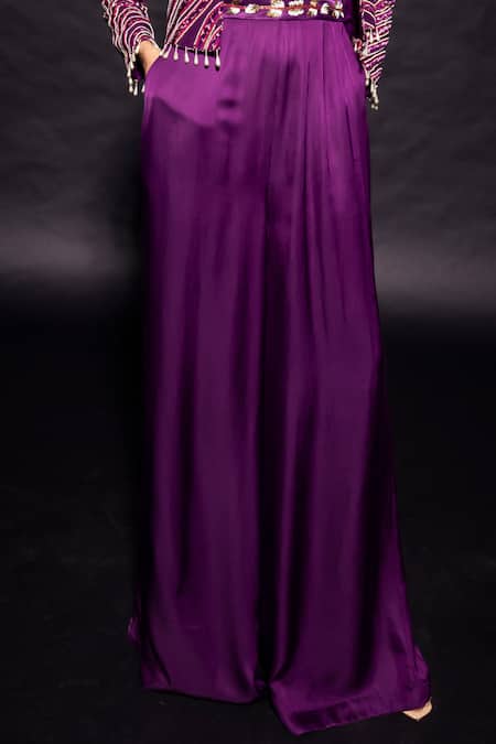 Sejal Kamdar_Purple German Satin Embroidered Cut-pipe With Ajrakh Striped Cape Jacket _Online_at_Aza_Fashions