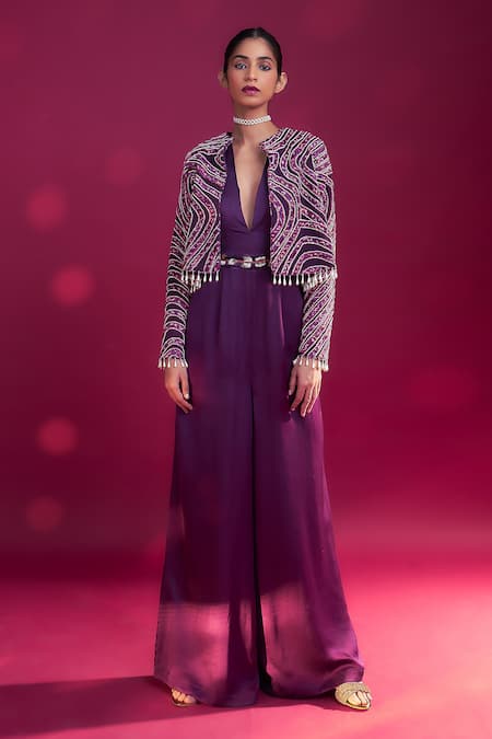 Buy_Sejal Kamdar_Purple German Satin Embroidered Cut-pipe With Ajrakh Striped Cape Jacket _Online_at_Aza_Fashions