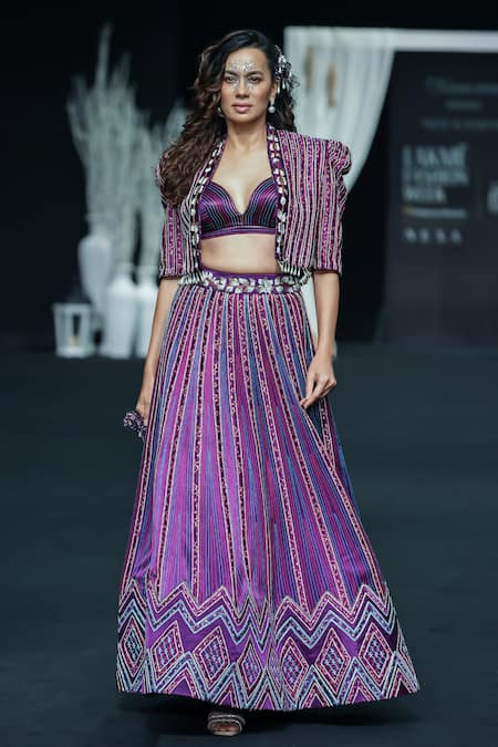 Sejal Kamdar_Purple Silk Embroidery, Beads, Cut Ajrakh Embellished Lehenga Set With Jacket _Online_at_Aza_Fashions