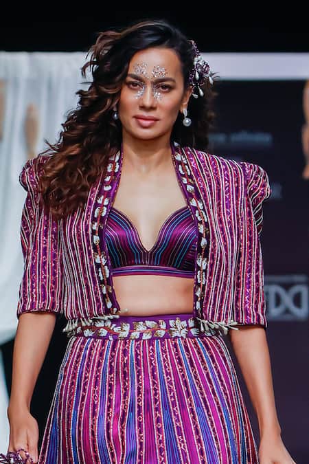 Buy_Sejal Kamdar_Purple Silk Embroidery, Beads, Cut Ajrakh Embellished Lehenga Set With Jacket _Online_at_Aza_Fashions