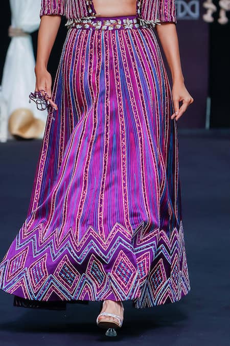 Shop_Sejal Kamdar_Purple Silk Embroidery, Beads, Cut Ajrakh Embellished Lehenga Set With Jacket _Online_at_Aza_Fashions