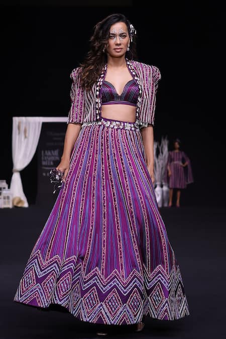Sejal Kamdar_Purple Silk Embroidery, Beads, Cut Ajrakh Embellished Lehenga Set With Jacket _at_Aza_Fashions
