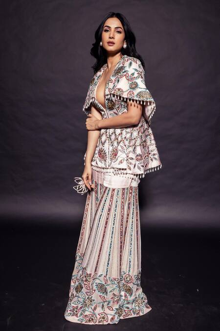 Sejal Kamdar_Pink Organza Beads, Cut Work Ajrakh Hand Capelet Top And Sharara Set _Online_at_Aza_Fashions