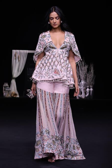 Sejal Kamdar_Pink Organza Beads, Cut Work Ajrakh Hand Capelet Top And Sharara Set _at_Aza_Fashions