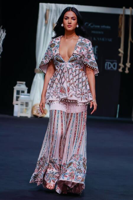 Buy_Sejal Kamdar_Pink Organza Beads, Cut Work Ajrakh Hand Capelet Top And Sharara Set 