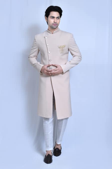 Aryavir Malhotra Beige Lycra Embroidered Collar Plain Sherwani With Pant