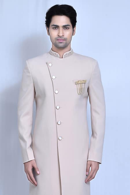 Arihant Rai Sinha_Beige Lycra, Silk Embroidered Collar Plain Sherwani With Pant_Online_at_Aza_Fashions