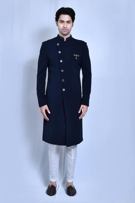 Arihant Rai Sinha_Blue Lycra, Silk Embroidery Hand Collar Plain Sherwani With Pant _Online_at_Aza_Fashions