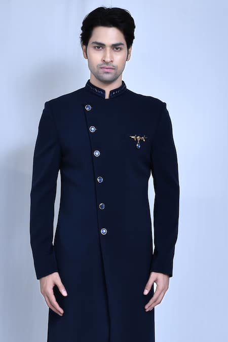 Buy Arihant Rai Sinha Blue Lycra, Silk Embroidery Hand Collar Plain Sherwani With Pant Online at Aza Fashions Buy_Arihant Rai Sinha_Blue Lycra, Silk Embroidery Hand Collar Plain Sherwani With Pant _Online_at_Aza_Fashions
