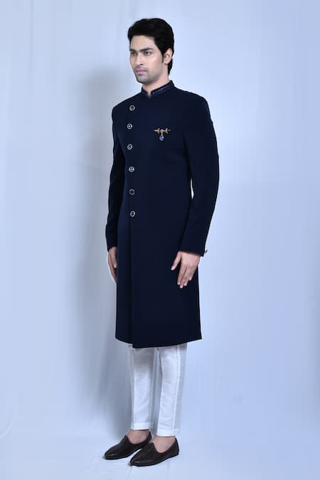 Shop_Arihant Rai Sinha_Blue Lycra, Silk Embroidery Hand Collar Plain Sherwani With Pant _Online_at_Aza_Fashions