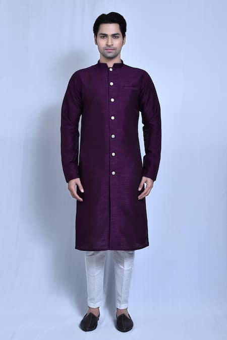 Buy_Arihant Rai Sinha_Purple Gingham Plain Kurta With Pant _Online_at_Aza_Fashions