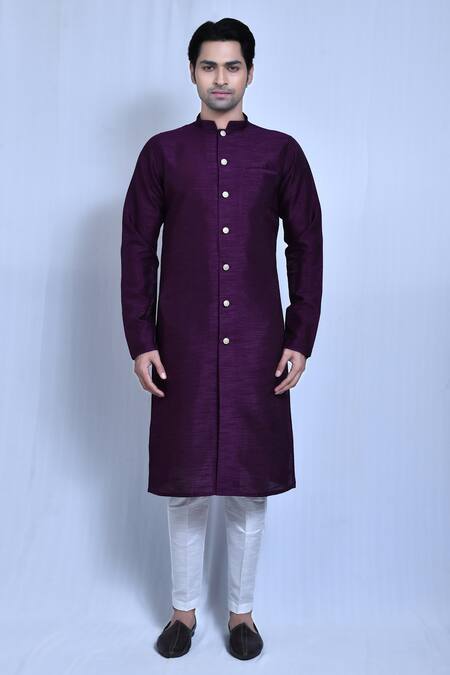 Shop_Arihant Rai Sinha_Purple Gingham Plain Kurta With Pant _Online_at_Aza_Fashions