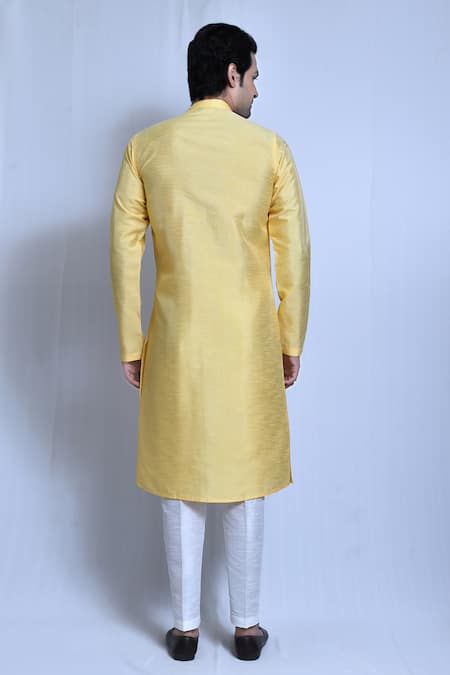 Shop_Arihant Rai Sinha_Yellow Silk, Cotton Plain Front Buttons Kurta With Pant _at_Aza_Fashions