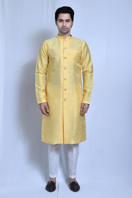 Buy_Arihant Rai Sinha_Yellow Silk, Cotton Plain Front Buttons Kurta With Pant _Online_at_Aza_Fashions