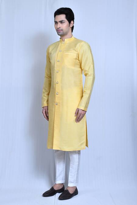 Shop_Arihant Rai Sinha_Yellow Silk, Cotton Plain Front Buttons Kurta With Pant _Online_at_Aza_Fashions