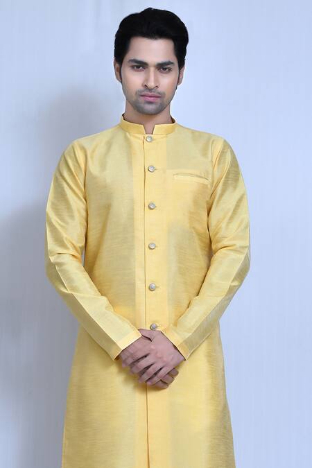 Arihant Rai Sinha Yellow Silk, Cotton Plain Front Buttons Kurta With Pant at Aza Fashions Arihant Rai Sinha_Yellow Silk, Cotton Plain Front Buttons Kurta With Pant _at_Aza_Fashions